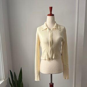 Guess Cream Ribbed Cardigan Sweater Size Large Cropped Full Zip Top